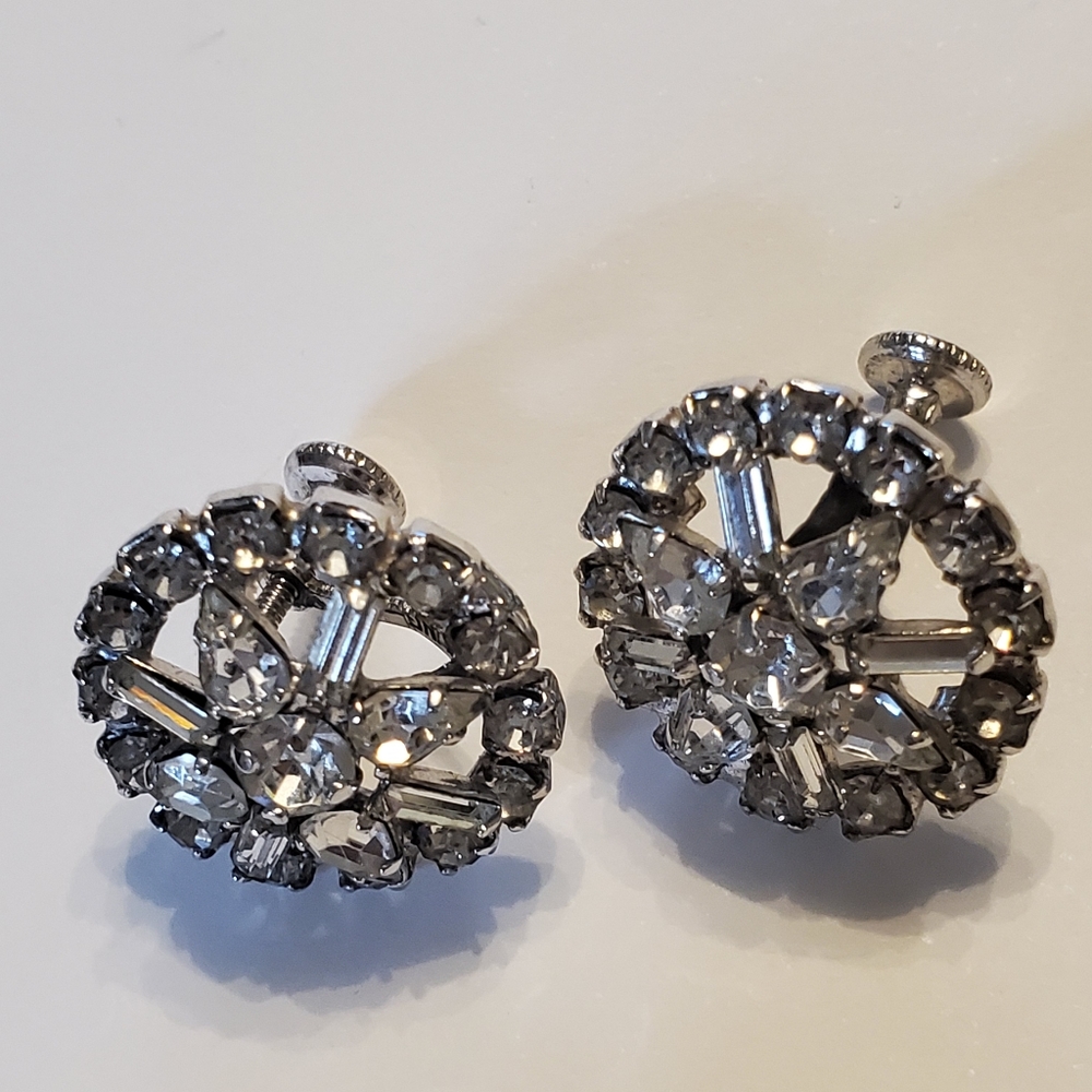 Jay Flex Earrings Vintage Sterling Silver Rhinestones Screw Back 3/4 inch.
